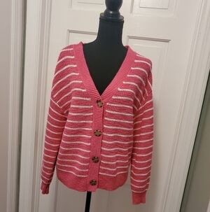 LOFT PINK & White Striped Chunky Knit Cardigan size Medium, Casual, Comfy